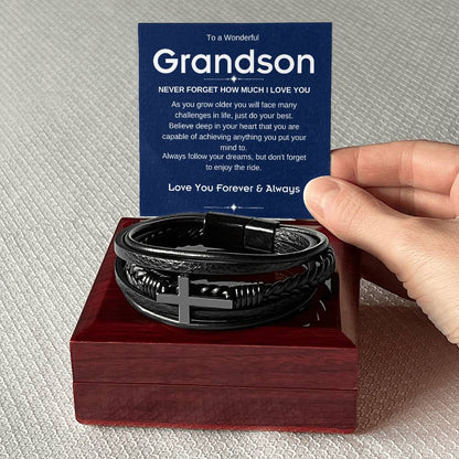 To A Wonderful Grandson| Enjoy the Ride | Vegan Cross Leather Bracelet