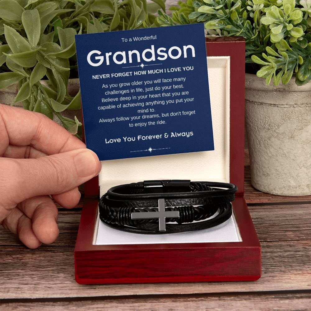 To A Wonderful Grandson| Enjoy the Ride | Vegan Cross Leather Bracelet
