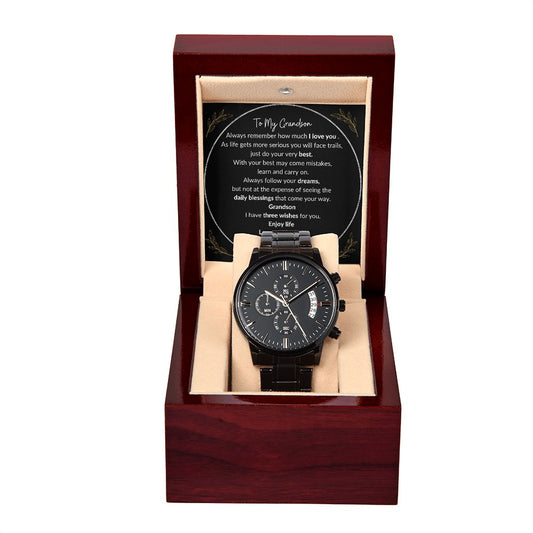 To My Grandson|3 Wishes| Black Chronograph Watch
